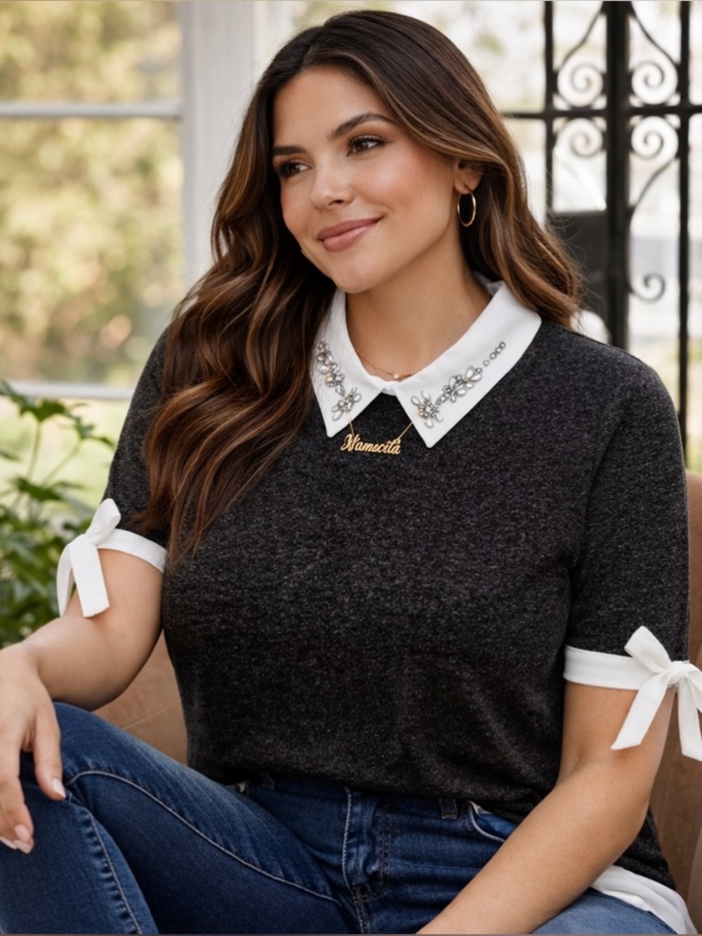 Elegant Black and White Women's Blouse with Embellished Collar NWOT